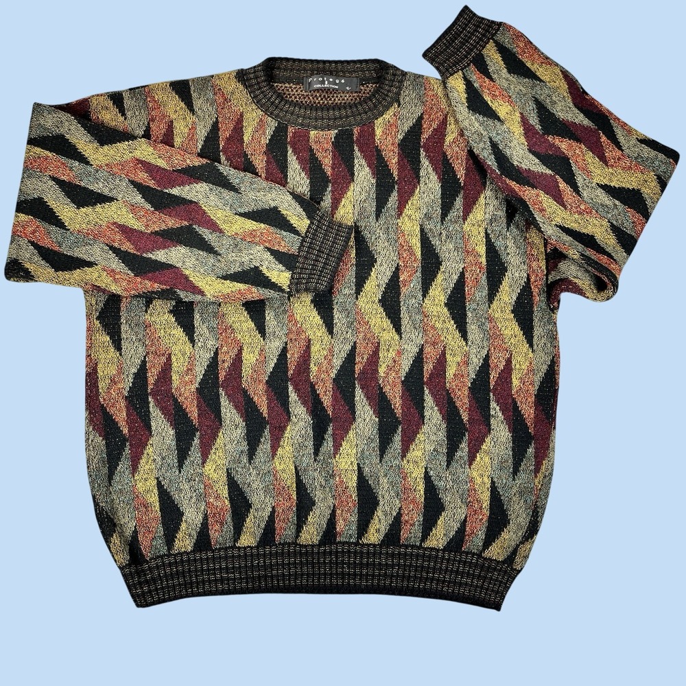 Protege Collection Sweater Mens Large Multi Color Geometric Knit Retro USA Made